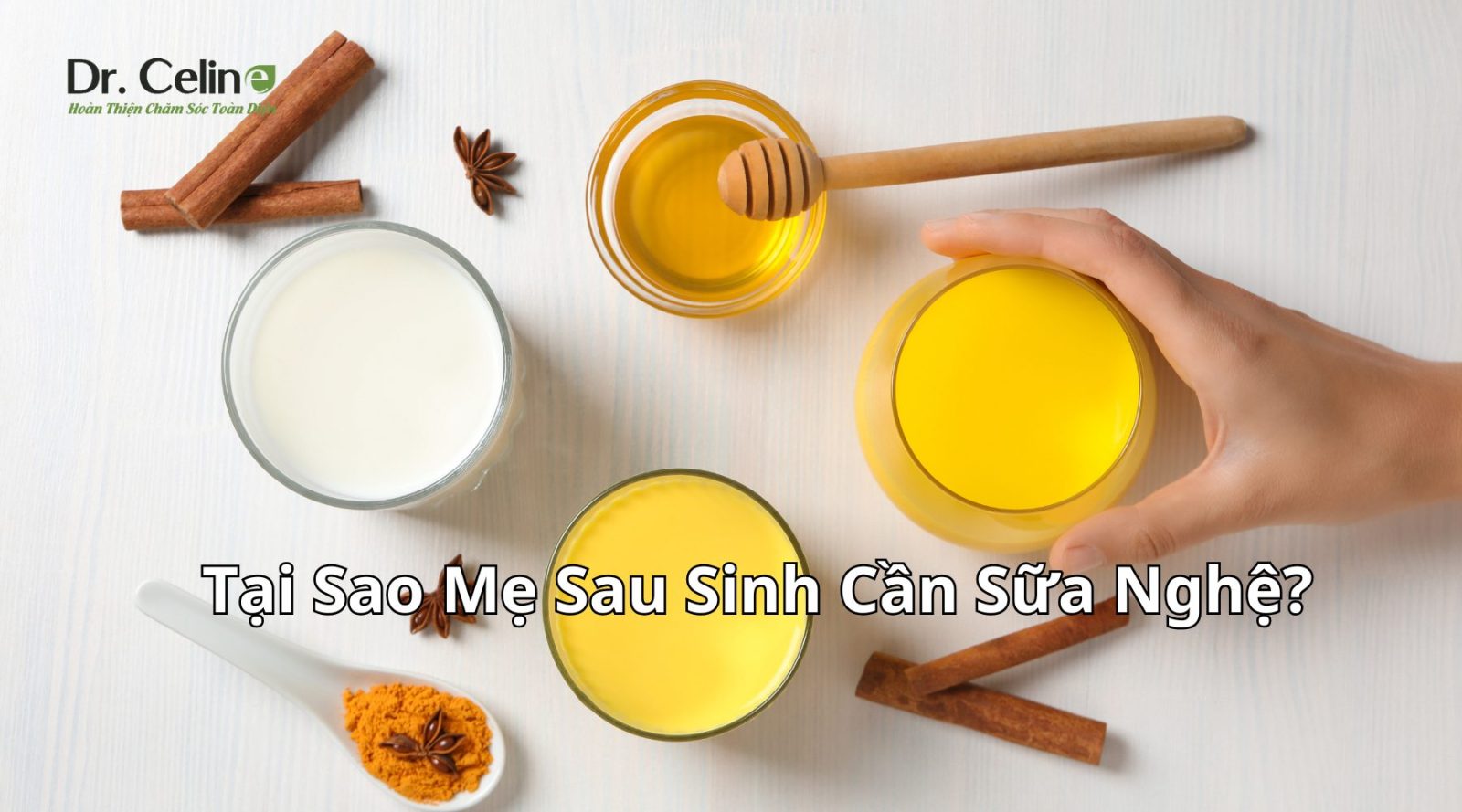 Mẹ sau sinh cầm ly sữa nghệ Dr. Celine trên bàn